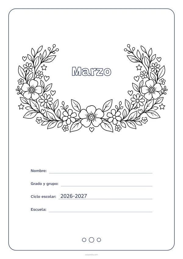 Portada de «Marzo» para colorear, con el título dentro de una corona de hojas y flores. Dibujo: una corona de hojas, flores, estrellas y corazones, abierta por arriba y con el centro vacío para el título.