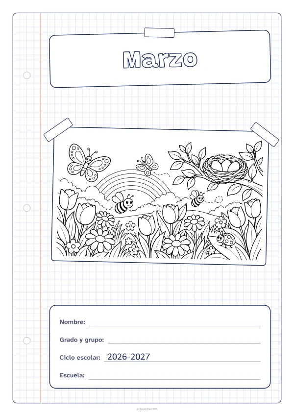 Portada de «Marzo» para colorear, con una hoja cuadriculada con margen, el título en un cartel y el dibujo pegado como una foto. Dibujo: un prado con tulipanes y margaritas, mariposas, abejas, un nido con huevos en una rama, un arcoíris y una mariquita.