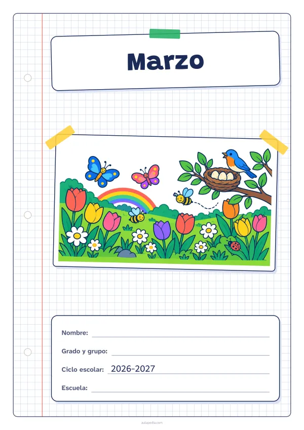 Portada de «Marzo» a color, con una hoja cuadriculada con margen, el título en un cartel y el dibujo pegado como una foto. Dibujo: un prado con tulipanes y margaritas, mariposas, abejas, un pájaro junto a su nido con tres huevos, un arcoíris y una mariquita.