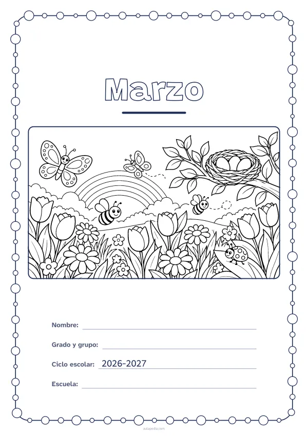 Portada de «Marzo» para colorear, con un marco redondeado de gomets de varios tamaños. Dibujo: un prado con tulipanes y margaritas, mariposas, abejas, un nido con huevos en una rama, un arcoíris y una mariquita.