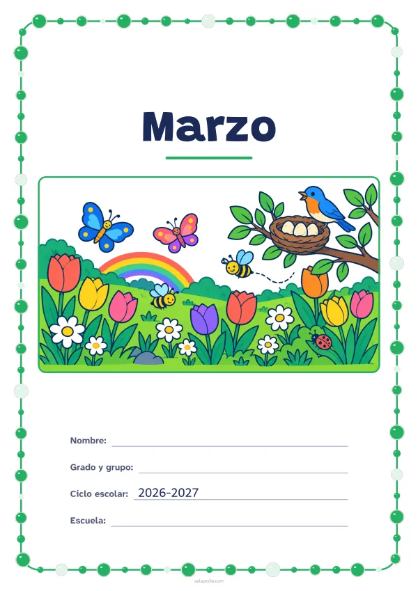 Portada de «Marzo» a color, con un marco redondeado de gomets de varios tamaños. Dibujo: un prado con tulipanes y margaritas, mariposas, abejas, un pájaro junto a su nido con tres huevos, un arcoíris y una mariquita.