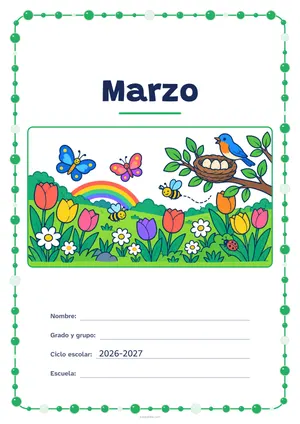 Portada de «Marzo» a color, con un marco redondeado de gomets de varios tamaños. Dibujo: un prado con tulipanes y margaritas, mariposas, abejas, un pájaro junto a su nido con tres huevos, un arcoíris y una mariquita.
