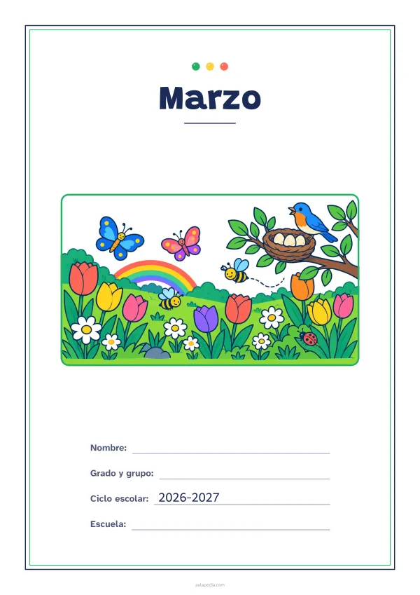 Portada de «Marzo» a color, con un marco fino de doble línea y mucho blanco. Dibujo: un prado con tulipanes y margaritas, mariposas, abejas, un pájaro junto a su nido con tres huevos, un arcoíris y una mariquita.