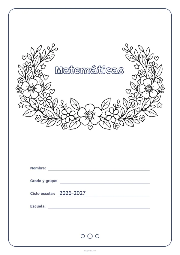 Portada de «Matemáticas» para colorear, con el título dentro de una corona de hojas y flores. Dibujo: una corona de hojas, flores, estrellas y corazones, abierta por arriba y con el centro vacío para el título.