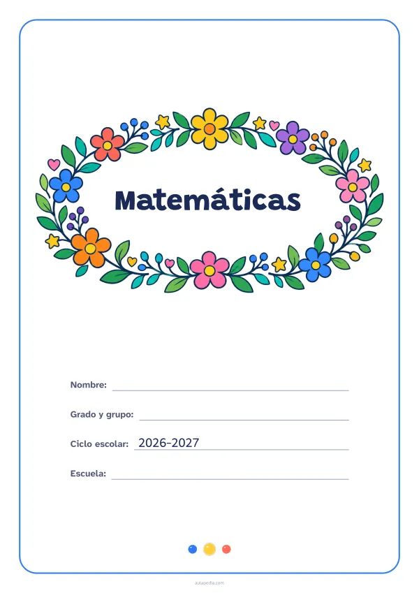 Portada de «Matemáticas» a color, con el título dentro de una corona de hojas y flores. Dibujo: una corona ovalada de hojas, flores, estrellas y corazones, con el centro vacío para el título.