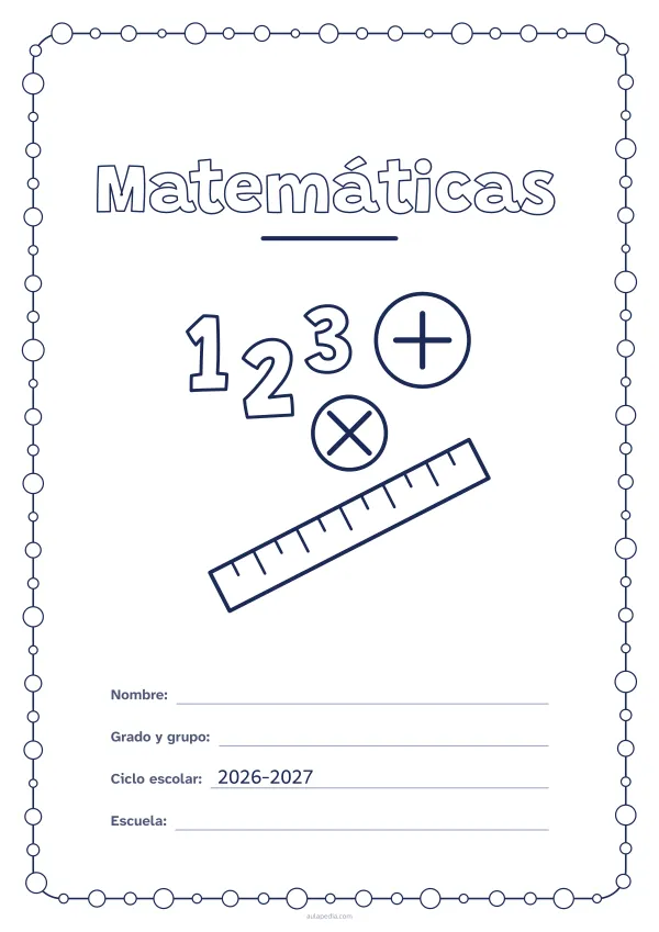 Portada de «Matemáticas» para colorear, con un marco redondeado de gomets de varios tamaños. Dibujo: los números 1, 2 y 3, dos signos y una regla.
