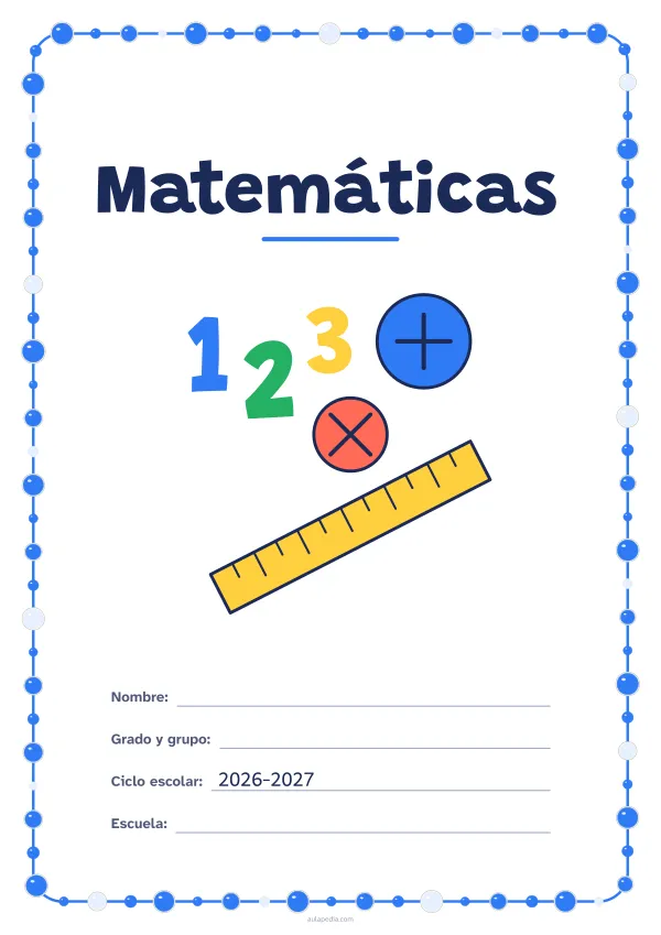 Portada de «Matemáticas» a color, con un marco redondeado de gomets de varios tamaños. Dibujo: los números 1, 2 y 3, dos signos y una regla.