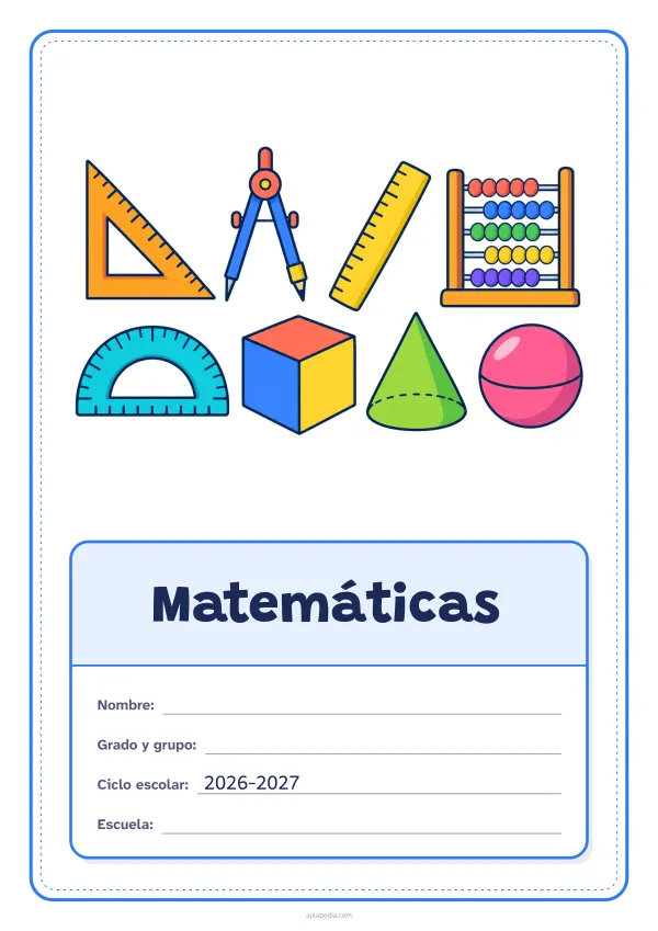 Portada de «Matemáticas» a color, con el dibujo arriba y, debajo, una gran etiqueta escolar con el título y los datos. Dibujo: una escuadra, un compás, una regla, un ábaco, un transportador, un cubo, un cono y una esfera.