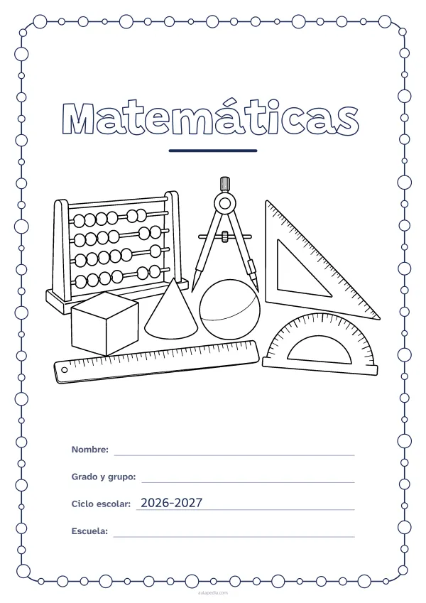 Portada de «Matemáticas» para colorear, con un marco redondeado de gomets de varios tamaños. Dibujo: una escuadra, un compás, una regla, un ábaco, un transportador, un cubo, un cono y una esfera.