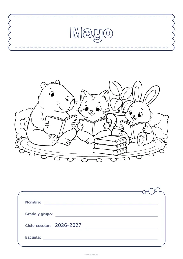 Portada de «Mayo» para colorear, con el título sobre una cinta de tela y los datos en una tarjeta. Dibujo: un capibara, un gato y un conejo que leen juntos sobre una alfombra, con una pila de libros, cojines y una planta.