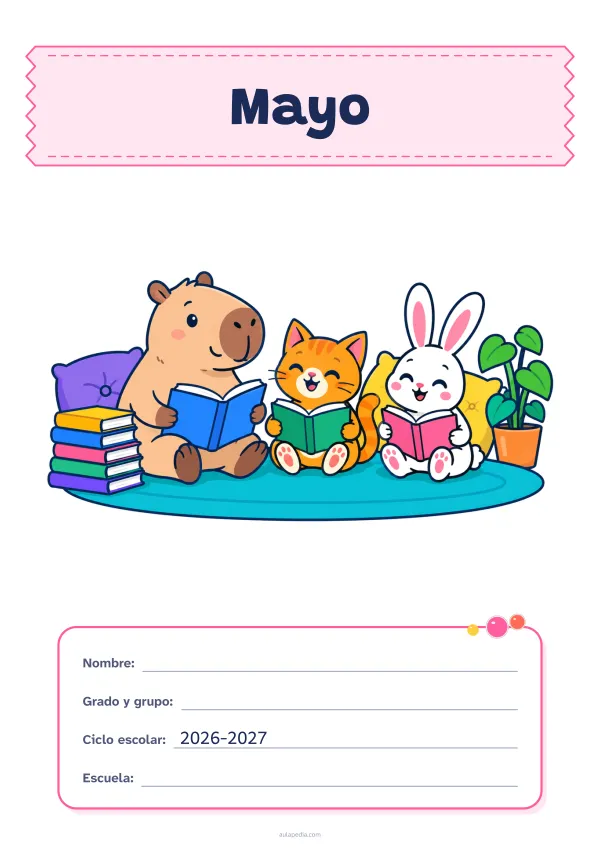 Portada de «Mayo» a color, con el título sobre una cinta de tela y los datos en una tarjeta. Dibujo: un capibara, un gato y un conejo que leen juntos sobre una alfombra, con una pila de libros, cojines y una planta.