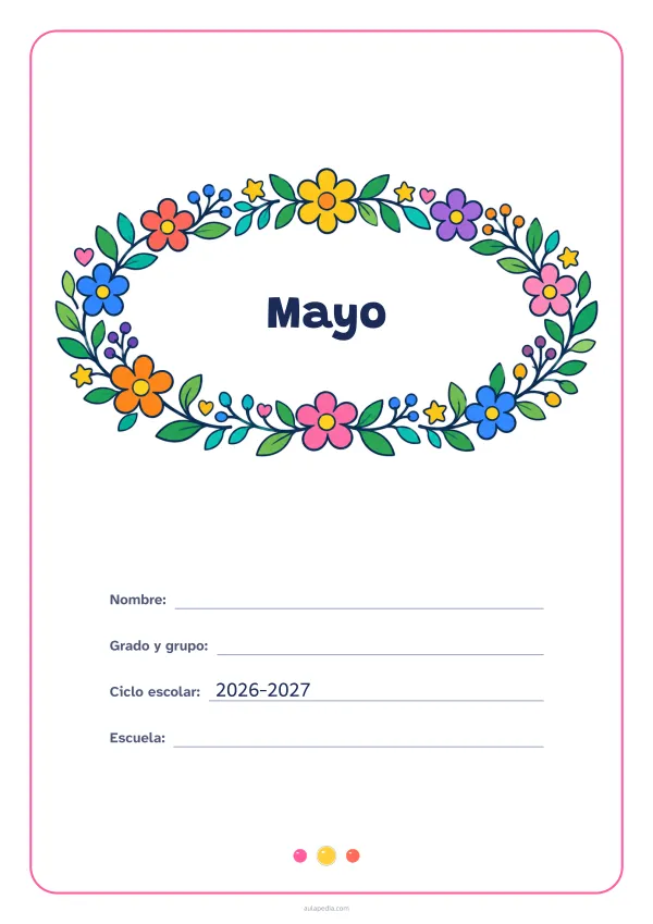 Portada de «Mayo» a color, con el título dentro de una corona de hojas y flores. Dibujo: una corona ovalada de hojas, flores, estrellas y corazones, con el centro vacío para el título.