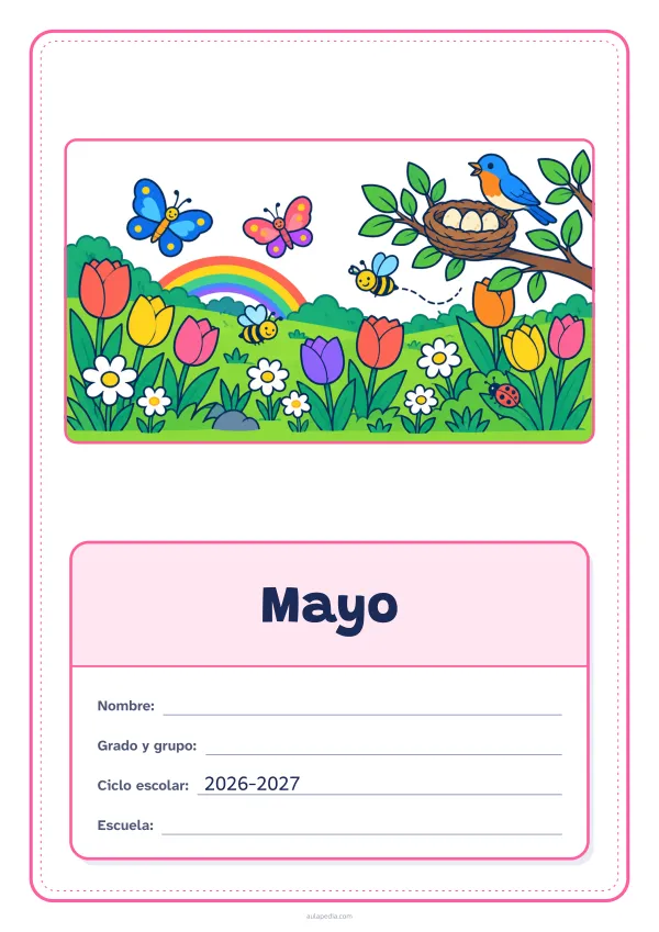 Portada de «Mayo» a color, con el dibujo arriba y, debajo, una gran etiqueta escolar con el título y los datos. Dibujo: un prado con tulipanes y margaritas, mariposas, abejas, un pájaro junto a su nido con tres huevos, un arcoíris y una mariquita.