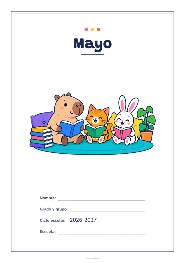 Portada de «Mayo» a color, con un marco fino de doble línea y mucho blanco. Dibujo: un capibara, un gato y un conejo que leen juntos sobre una alfombra, con una pila de libros, cojines y una planta.