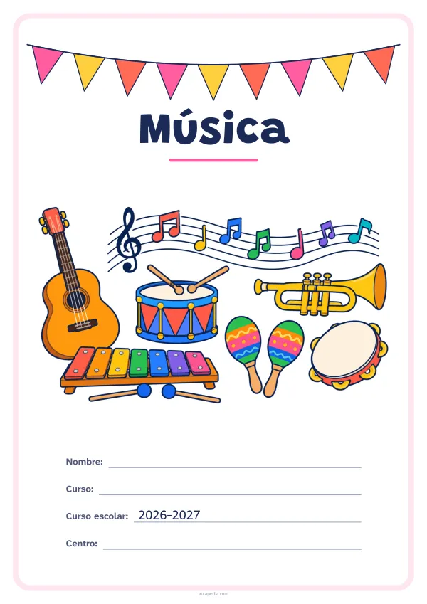 Portada de «Música» a color, con una guirnalda de banderines sobre el título. Dibujo: una guitarra, un tambor, una trompeta, unas maracas, un xilófono, una pandereta y notas musicales sobre un pentagrama.