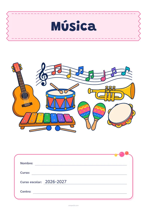 Portada de «Música» a color, con el título sobre una cinta de tela y los datos en una tarjeta. Dibujo: una guitarra, un tambor, una trompeta, unas maracas, un xilófono, una pandereta y notas musicales sobre un pentagrama.