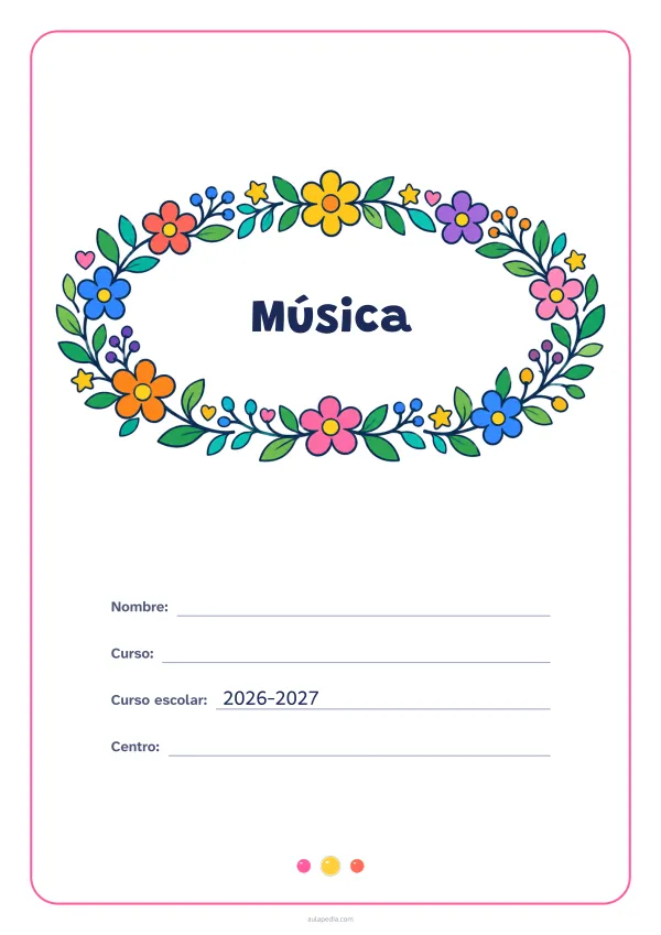 Portada de «Música» a color, con el título dentro de una corona de hojas y flores. Dibujo: una corona ovalada de hojas, flores, estrellas y corazones, con el centro vacío para el título.
