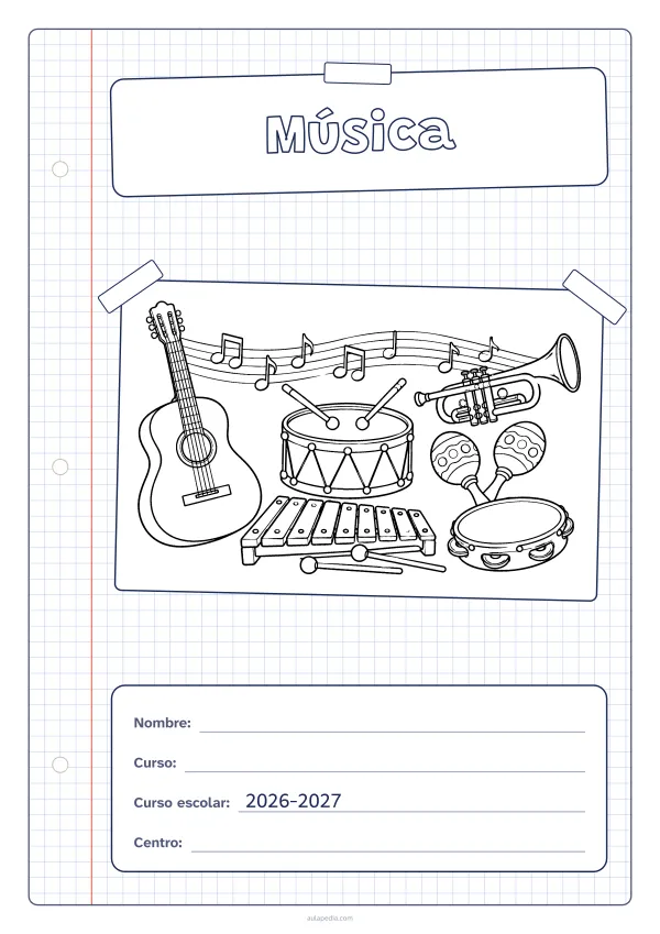 Portada de «Música» para colorear, con una hoja cuadriculada con margen, el título en un cartel y el dibujo pegado como una foto. Dibujo: una guitarra, un tambor, una trompeta, unas maracas, un xilófono, una pandereta y notas musicales sobre un pentagrama.