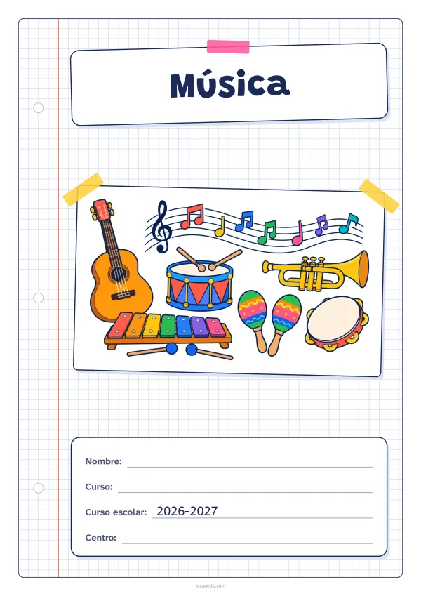 Portada de «Música» a color, con una hoja cuadriculada con margen, el título en un cartel y el dibujo pegado como una foto. Dibujo: una guitarra, un tambor, una trompeta, unas maracas, un xilófono, una pandereta y notas musicales sobre un pentagrama.