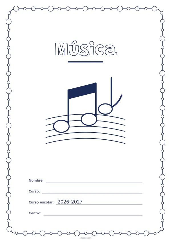 Portada de «Música» para colorear, con un marco redondeado de gomets de varios tamaños. Dibujo: tres notas musicales sobre un pentagrama.