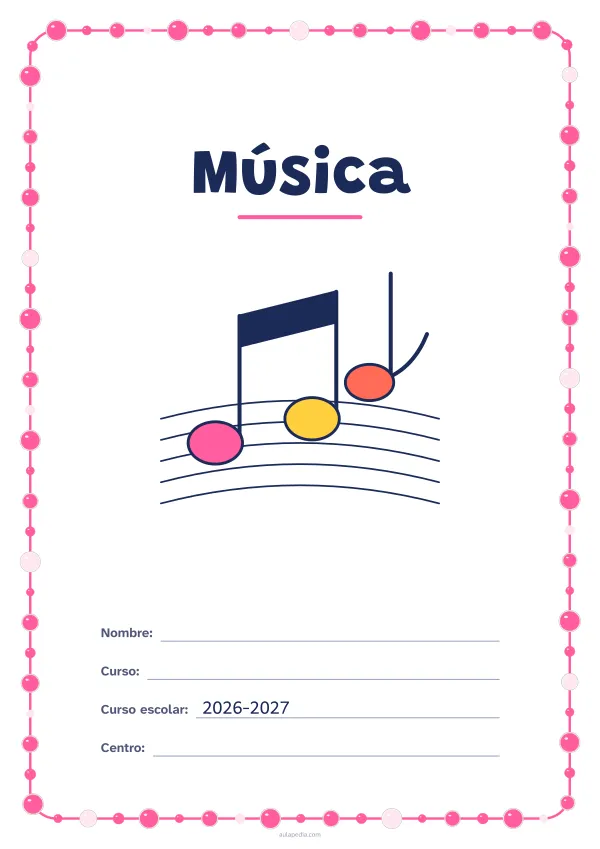 Portada de «Música» a color, con un marco redondeado de gomets de varios tamaños. Dibujo: tres notas musicales sobre un pentagrama.