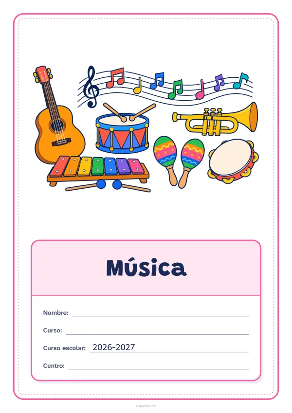 Portada de «Música» a color, con el dibujo arriba y, debajo, una gran etiqueta escolar con el título y los datos. Dibujo: una guitarra, un tambor, una trompeta, unas maracas, un xilófono, una pandereta y notas musicales sobre un pentagrama.