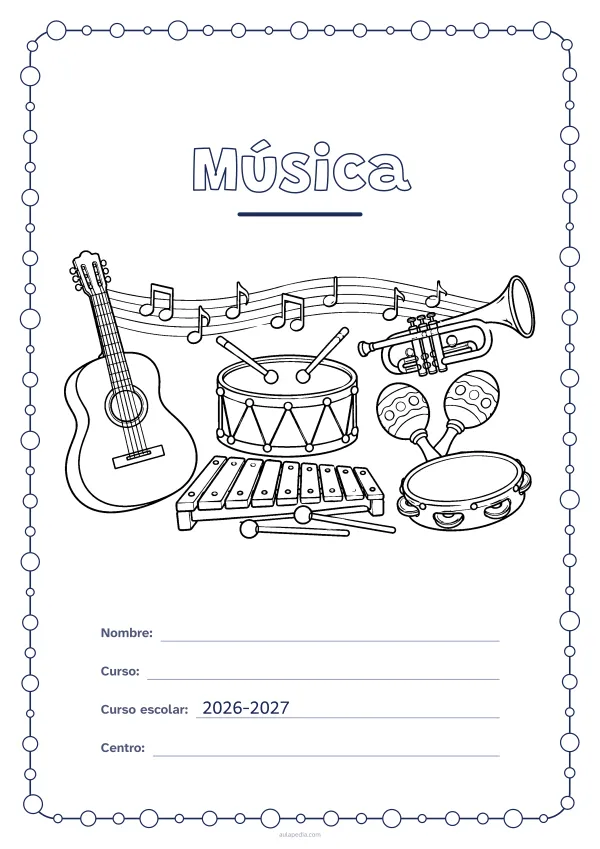 Portada de «Música» para colorear, con un marco redondeado de gomets de varios tamaños. Dibujo: una guitarra, un tambor, una trompeta, unas maracas, un xilófono, una pandereta y notas musicales sobre un pentagrama.