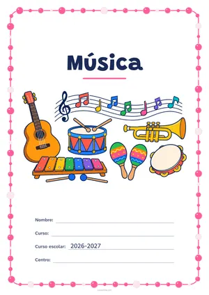 Portada de «Música» a color, con un marco redondeado de gomets de varios tamaños. Dibujo: una guitarra, un tambor, una trompeta, unas maracas, un xilófono, una pandereta y notas musicales sobre un pentagrama.