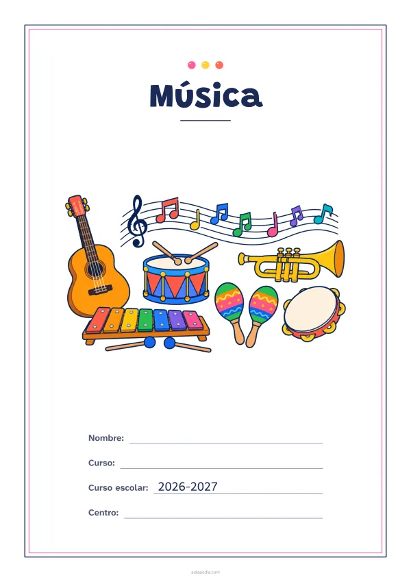 Portada de «Música» a color, con un marco fino de doble línea y mucho blanco. Dibujo: una guitarra, un tambor, una trompeta, unas maracas, un xilófono, una pandereta y notas musicales sobre un pentagrama.