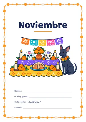 Portada de «Noviembre» a color, con un marco redondeado de gomets de varios tamaños. Dibujo: un altar de Día de Muertos con flores de cempasúchil, calaveritas de azúcar, velas, pan de muerto y papel picado, junto a un perro xoloitzcuintle.