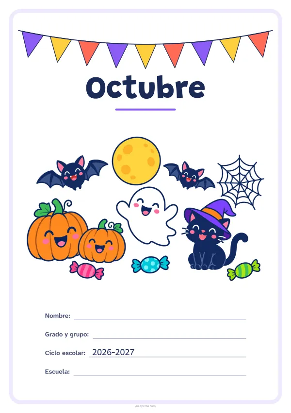 Portada de «Octubre» a color, con una guirnalda de banderines sobre el título. Dibujo: calabazas sonrientes, un fantasma simpático, dos murciélagos, un gato con sombrero de bruja, una telaraña y caramelos bajo la luna llena.