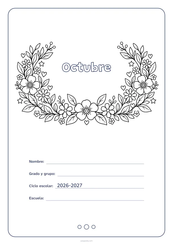 Portada de «Octubre» para colorear, con el título dentro de una corona de hojas y flores. Dibujo: una corona de hojas, flores, estrellas y corazones, abierta por arriba y con el centro vacío para el título.