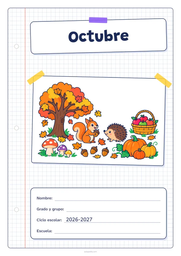 Portada de «Octubre» a color, con una hoja cuadriculada con margen, el título en un cartel y el dibujo pegado como una foto. Dibujo: un árbol al que se le caen las hojas, hongos, calabazas, bellotas, una ardilla, un erizo y una cesta de manzanas.