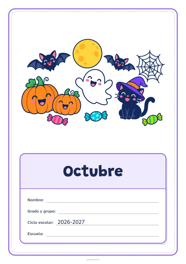 Portada de «Octubre» a color, con el dibujo arriba y, debajo, una gran etiqueta escolar con el título y los datos. Dibujo: calabazas sonrientes, un fantasma simpático, dos murciélagos, un gato con sombrero de bruja, una telaraña y caramelos bajo la luna llena.