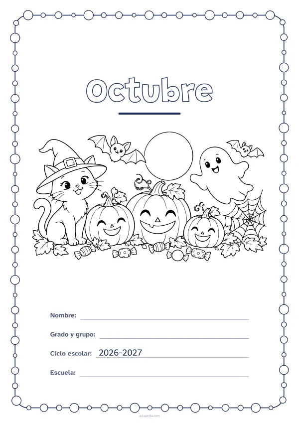 Portada de «Octubre» para colorear, con un marco redondeado de gomets de varios tamaños. Dibujo: calabazas sonrientes, un fantasma simpático, dos murciélagos, un gato con sombrero de bruja, una telaraña y caramelos bajo la luna llena.
