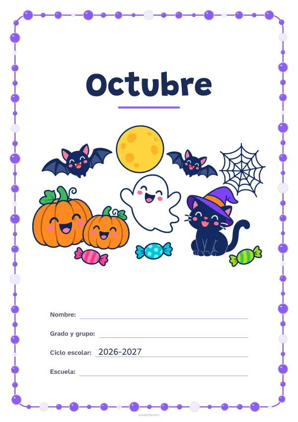 Portada de «Octubre» a color, con un marco redondeado de gomets de varios tamaños. Dibujo: calabazas sonrientes, un fantasma simpático, dos murciélagos, un gato con sombrero de bruja, una telaraña y caramelos bajo la luna llena.