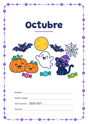 Portada de «Octubre» a color, con un marco redondeado de gomets de varios tamaños. Dibujo: calabazas sonrientes, un fantasma simpático, dos murciélagos, un gato con sombrero de bruja, una telaraña y caramelos bajo la luna llena.