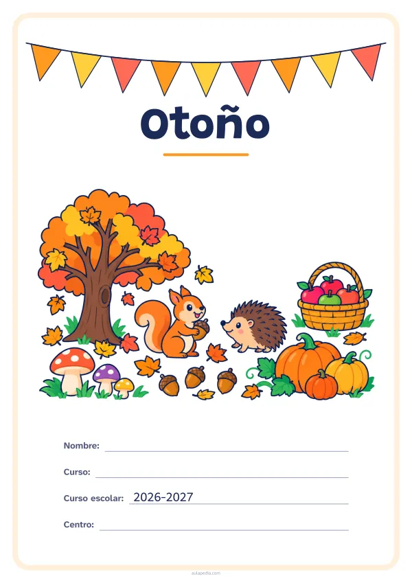 Portada de «Otoño» a color, con una guirnalda de banderines sobre el título. Dibujo: un árbol al que se le caen las hojas, hongos, calabazas, bellotas, una ardilla, un erizo y una cesta de manzanas.