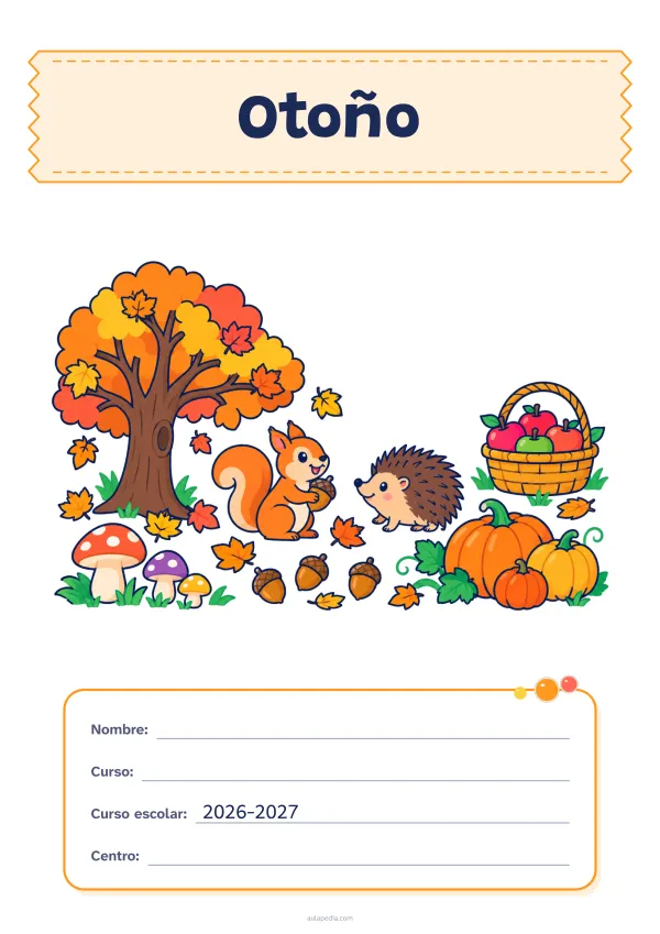 Portada de «Otoño» a color, con el título sobre una cinta de tela y los datos en una tarjeta. Dibujo: un árbol al que se le caen las hojas, hongos, calabazas, bellotas, una ardilla, un erizo y una cesta de manzanas.