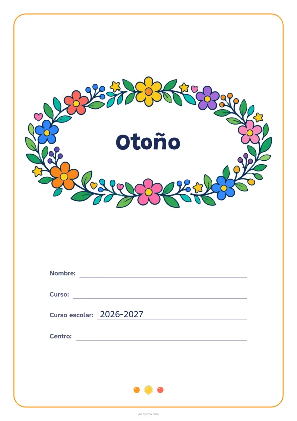 Portada de «Otoño» a color, con el título dentro de una corona de hojas y flores. Dibujo: una corona ovalada de hojas, flores, estrellas y corazones, con el centro vacío para el título.