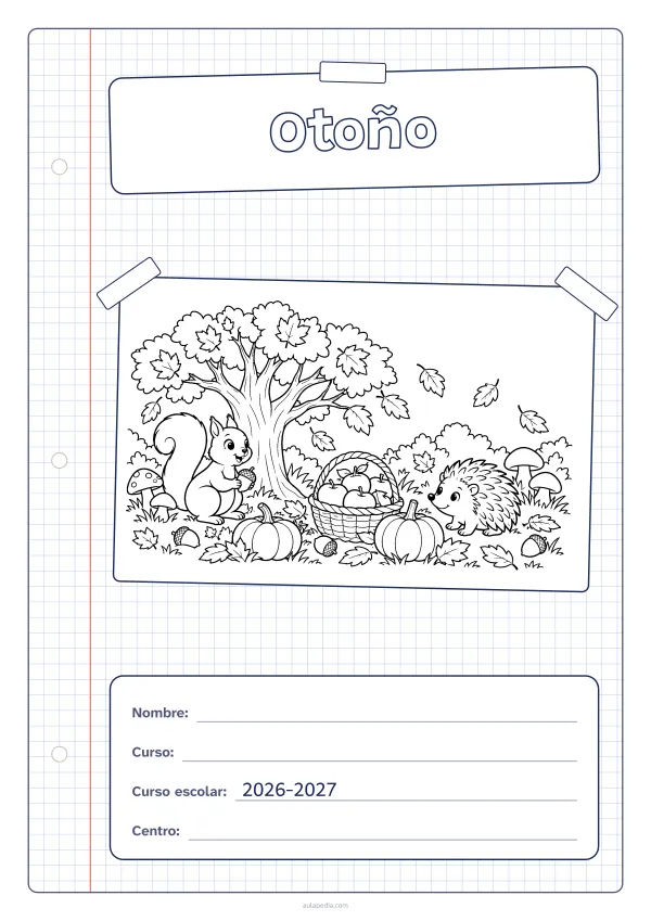 Portada de «Otoño» para colorear, con una hoja cuadriculada con margen, el título en un cartel y el dibujo pegado como una foto. Dibujo: un árbol al que se le caen las hojas, hongos, calabazas, bellotas, una ardilla, un erizo y una cesta de manzanas.