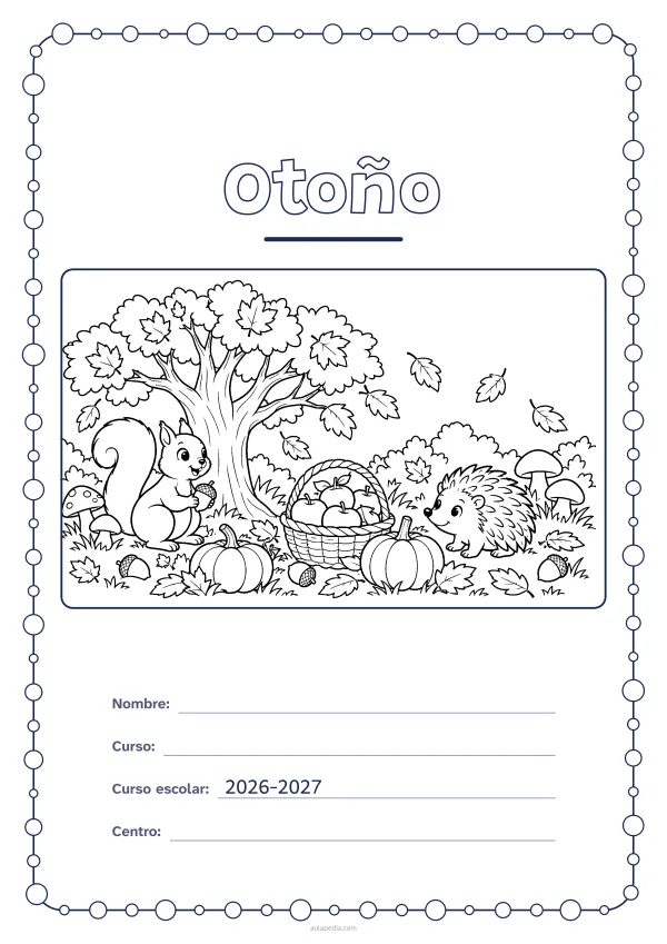 Portada de «Otoño» para colorear, con un marco redondeado de gomets de varios tamaños. Dibujo: un árbol al que se le caen las hojas, hongos, calabazas, bellotas, una ardilla, un erizo y una cesta de manzanas.