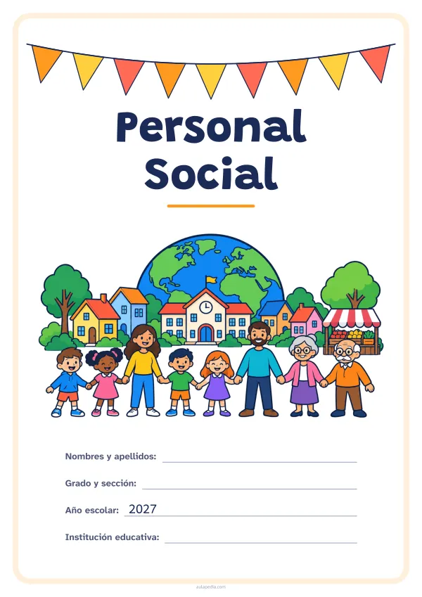 Portada de «Personal Social» a color, con una guirnalda de banderines sobre el título. Dibujo: un pueblo con casas, una escuela y un puesto de mercado, ocho vecinos de todas las edades tomados de la mano y, detrás, el planeta Tierra.
