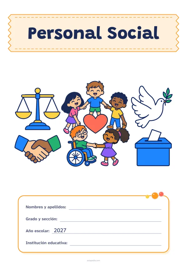 Portada de «Personal Social» a color, con el título sobre una cinta de tela y los datos en una tarjeta. Dibujo: una balanza, dos manos que se estrechan, cinco niñas y niños en corro alrededor de un corazón (uno de ellos, en silla de ruedas), una paloma y una urna con una papeleta.
