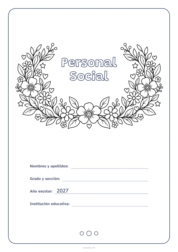 Portada de «Personal Social» para colorear, con el título dentro de una corona de hojas y flores. Dibujo: una corona de hojas, flores, estrellas y corazones, abierta por arriba y con el centro vacío para el título.