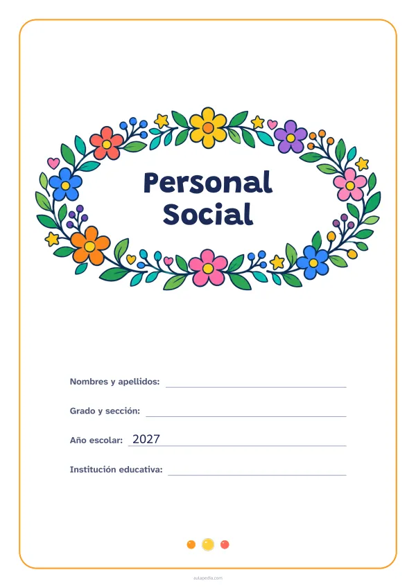 Portada de «Personal Social» a color, con el título dentro de una corona de hojas y flores. Dibujo: una corona ovalada de hojas, flores, estrellas y corazones, con el centro vacío para el título.