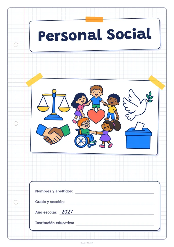 Portada de «Personal Social» a color, con una hoja cuadriculada con margen, el título en un cartel y el dibujo pegado como una foto. Dibujo: una balanza, dos manos que se estrechan, cinco niñas y niños en corro alrededor de un corazón (uno de ellos, en silla de ruedas), una paloma y una urna con una papeleta.