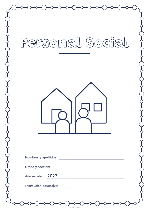 Portada de «Personal Social» para colorear, con un marco redondeado de gomets de varios tamaños. Dibujo: dos casas y dos vecinos.