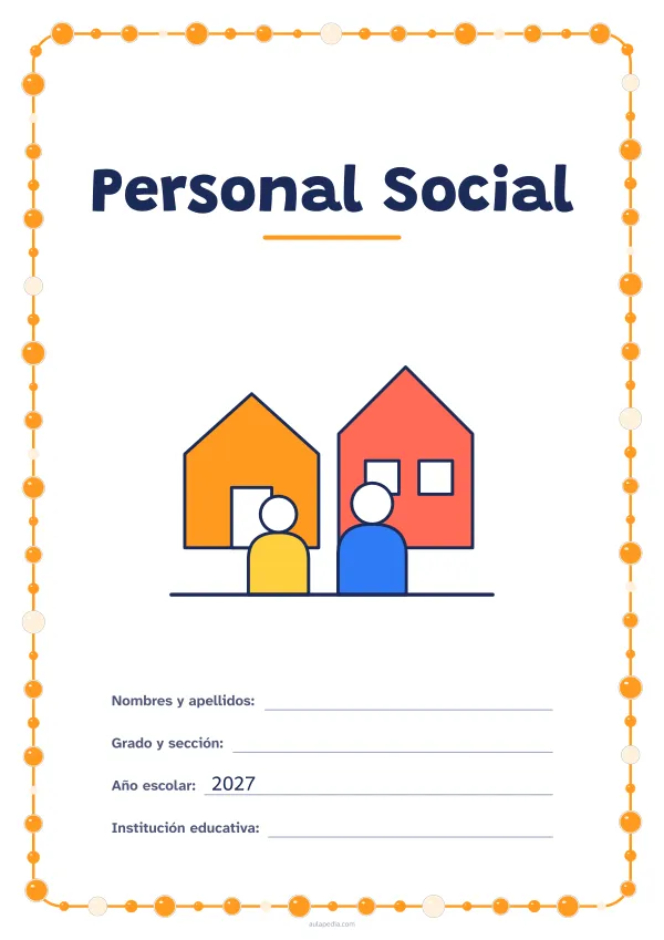 Portada de «Personal Social» a color, con un marco redondeado de gomets de varios tamaños. Dibujo: dos casas y dos vecinos.