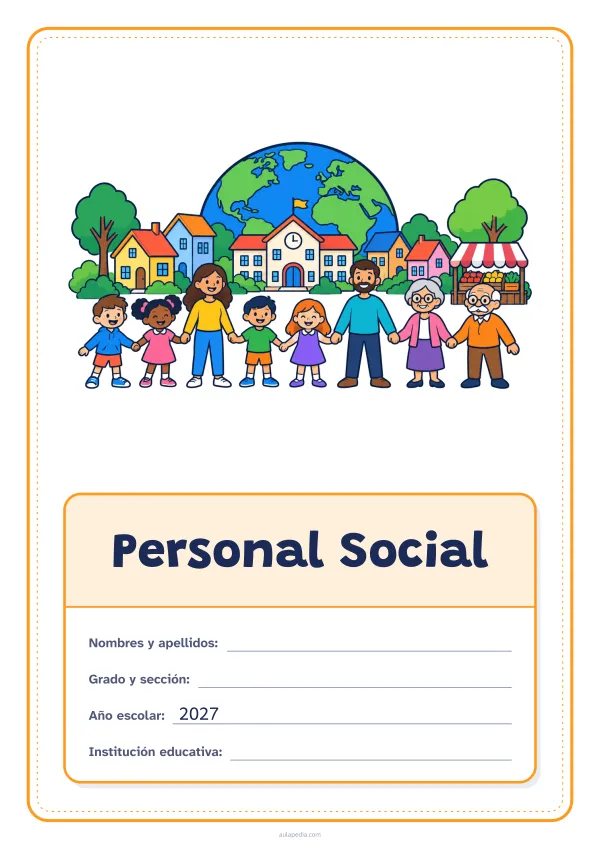 Portada de «Personal Social» a color, con el dibujo arriba y, debajo, una gran etiqueta escolar con el título y los datos. Dibujo: un pueblo con casas, una escuela y un puesto de mercado, ocho vecinos de todas las edades tomados de la mano y, detrás, el planeta Tierra.